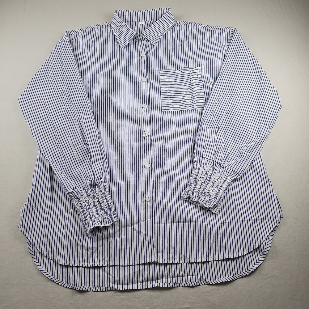 Women Oversized Button Down Shirts Sz L Striped Smocked Cuff Long Sleeve Blouse